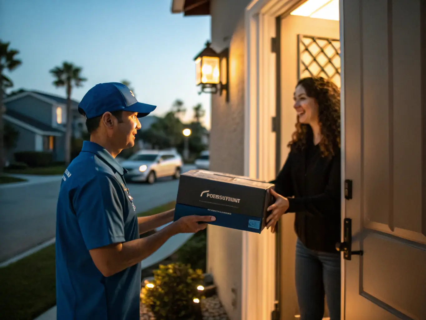 A delivery person in a blue uniform handing a discreet pharmacy package to a customer at their doorstep, with a world map overlay in the background, symbolizing international medicine delivery.