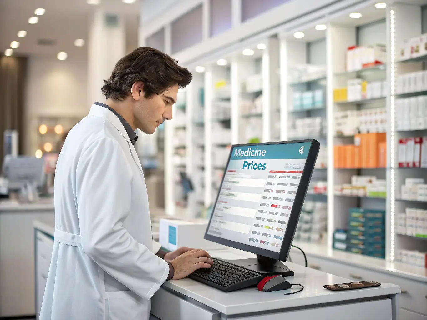 A clean, modern photo of a pharmacist in a white coat filling a prescription behind a pharmacy counter, with blue and white tones and subtle medical icons in the background, representing prescription fulfillment service.