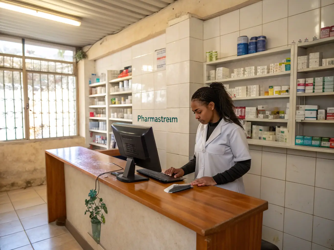 A friendly pharmacist consulting with a customer across a counter, both smiling, with a digital tablet and medicine boxes visible, set in a bright, professional pharmacy environment with blue accents.